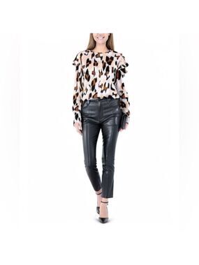 Ann Taylor Factory Womens Animal Print Ruffle Detail Long Sleeve Pink Blouse